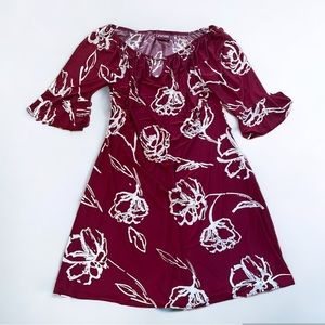 Floral Bell Sleeve Stretchy Midi Dress Wine Plum Burgundy Red White Line Medium